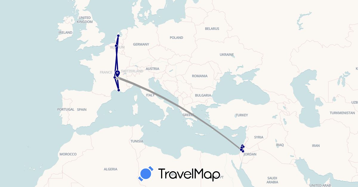 TravelMap itinerary: driving, plane in Belgium, France, Israel, Netherlands (Asia, Europe)